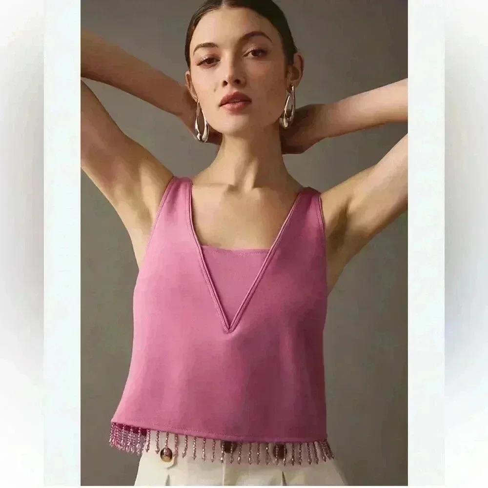 Anthropologie Pink Beaded Hem V-Neck Tank